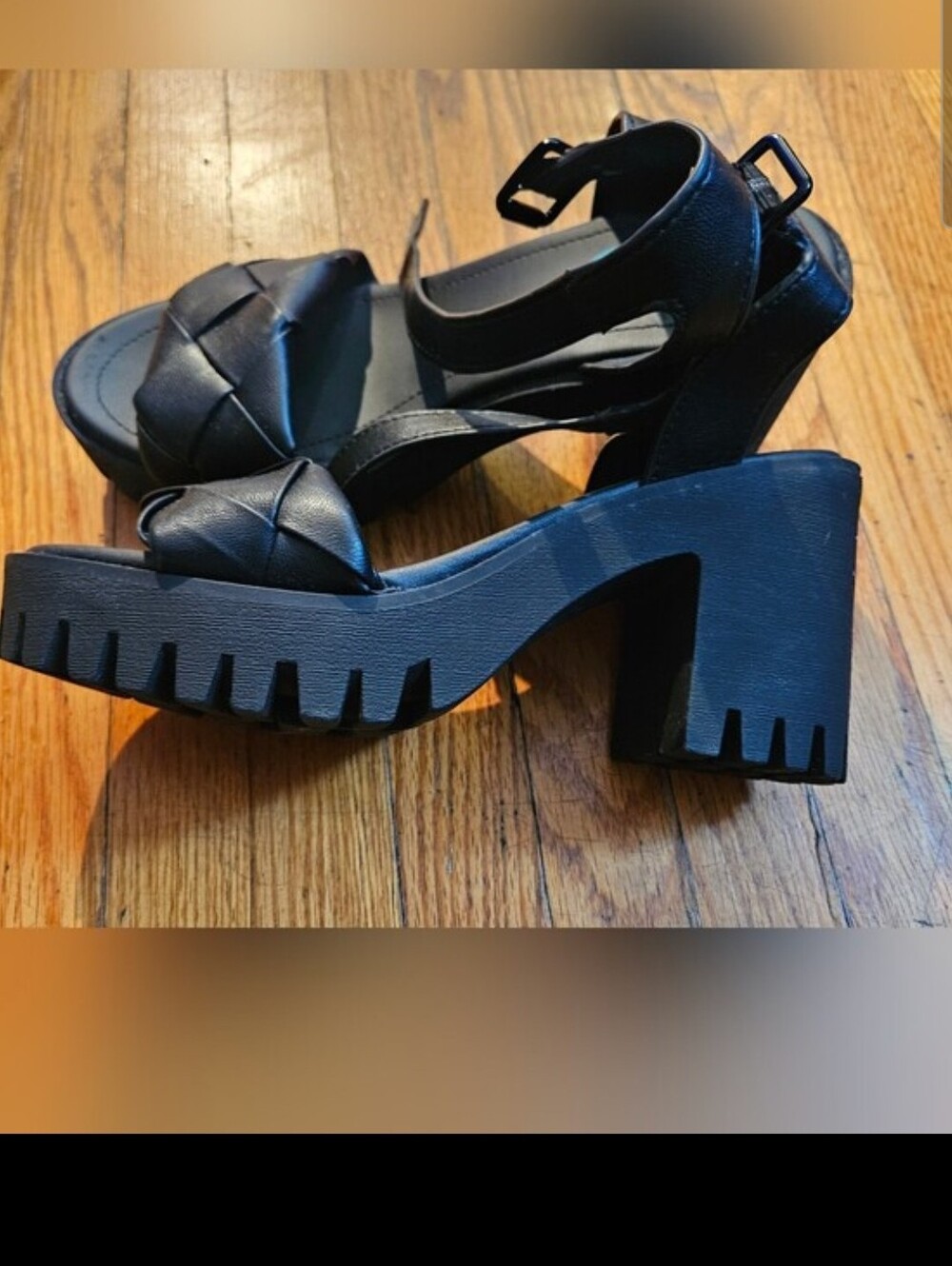 Madden Girl Black Woven Strap Block Heel Sandals with Ankle Buckle 7.5